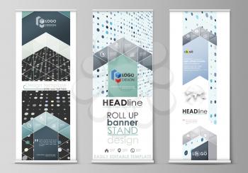 Set of roll up banner stands, flat design templates, abstract geometric style, modern business concept, corporate vertical vector flyers, flag layouts. Abstract soft color dots with illusion of depth 