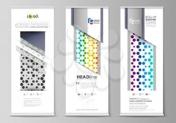 Set of roll up banner stands, flat design templates, abstract geometric style, modern business concept, corporate vertical vector flyers, flag layouts. Chemistry pattern, hexagonal design molecule str