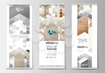 Set of roll up banner stands, flat design templates, abstract geometric style, modern business concept, corporate vertical vector flyers, flag banner layouts. Abstract gray color background, modern st