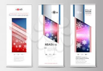 Set of roll up banner stands, flat design templates, abstract geometric style, modern business concept, corporate vertical vector flyers, flag banner layouts. Christmas decoration, vector background w