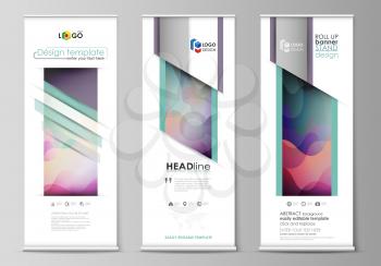 Set of roll up banner stands, flat design templates, abstract geometric style, modern business concept, corporate vertical vector flyers, flag banner layouts. Bright color pattern, colorful design wit
