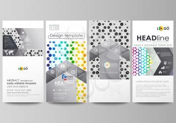Flyers set, modern banners. Business templates. Cover design template, easy editable abstract vector layouts. Chemistry pattern, hexagonal design molecule structure, scientific, medical DNA research. 