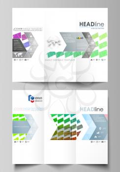 Tri-fold brochure business templates on both sides. Easy editable abstract vector layout in flat design. Colorful rectangles, moving dynamic shapes forming abstract polygonal style background.