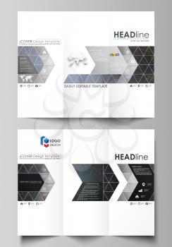 Tri-fold brochure business templates on both sides. Easy editable abstract vector layout in flat design. Colorful dark background with abstract lines. Bright color chaotic, random, messy curves. Colou