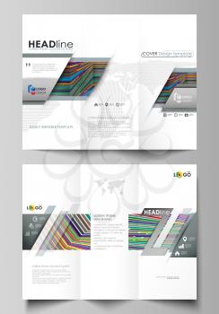 Tri-fold brochure business templates on both sides. Easy editable abstract vector layout in flat design. Bright color lines, colorful style with geometric shapes forming beautiful minimalist backgroun