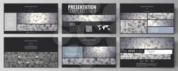 Business templates in HD format for presentation slides. Easy editable abstract vector layouts in flat design. Pattern made from squares, gray background in geometrical style. Simple texture
