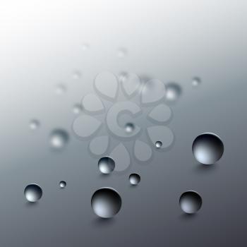 Water drops on a gray background. Round raindrops with shadows on an inclined gray surface. Vector illustration