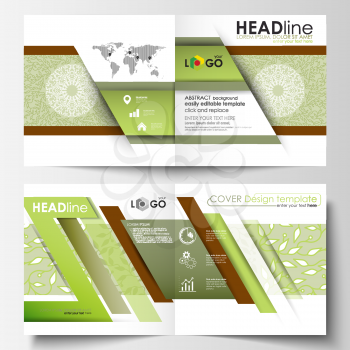 Business templates, square design bi fold brochure, magazine, flyer, report. Leaflet cover, abstract flat layout. Green color background with leaves. Spa concept in linear style. Vector decoration for