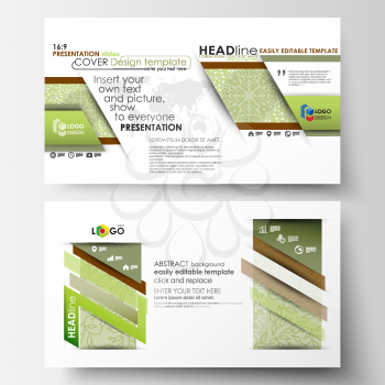 Business templates in HD format for presentation slides. Easy editable abstract layouts in flat design, vector illustration. Green color background with leaves. Spa concept in linear style. Vector dec