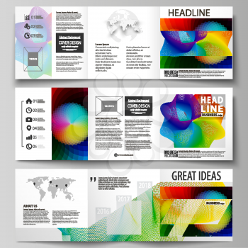Set of business templates for tri fold brochures. Square design. Leaflet cover, abstract flat layout, easy editable vector. Colorful design with overlapping geometric shapes and waves forming abstract