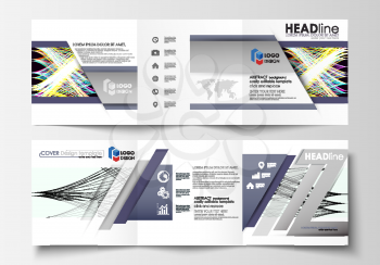 Set of business templates for tri fold square brochures. Leaflet cover, flat layout, easy editable vector. Abstract waves, lines, curves. Dark color background. Motion design