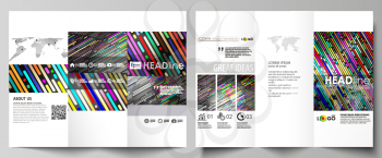 Tri-fold brochure business templates on both sides. Easy editable abstract vector layout in flat design. Colorful background made of stripes. Abstract tubes and dots. Glowing multicolored texture.