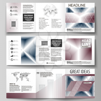 Set of business templates for tri fold square design brochures. Leaflet cover, abstract flat layout, easy editable vector. Simple monochrome geometric pattern. Abstract polygonal style, stylish modern