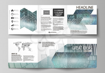 Set of business templates for tri fold square design brochures. Leaflet cover, abstract flat layout, easy editable vector. Technology background in geometric style made from circles