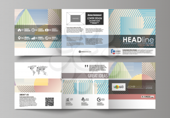 Set of business templates for tri fold square design brochures. Leaflet cover, abstract flat layout, easy editable vector. Minimalistic design with lines, geometric shapes forming beautiful background
