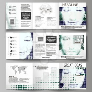 Set of business templates for tri fold square design brochures. Leaflet cover, abstract flat layout, easy editable vector. Halftone dotted background, retro style grungy pattern, vintage texture. Half