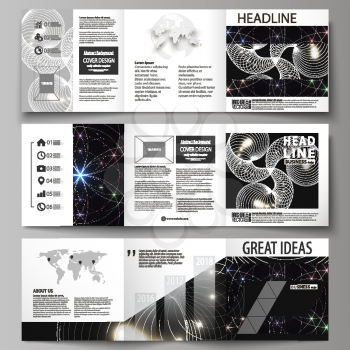 Set of business templates for tri fold square design brochures. Leaflet cover, abstract flat layout, easy editable vector. Sacred geometry, glowing geometrical ornament. Mystical background
