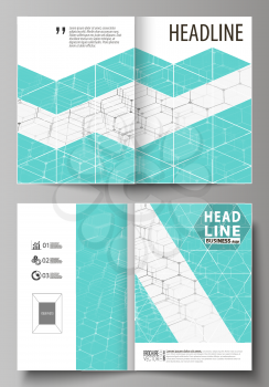 Business templates for bi fold brochure, magazine, flyer, booklet or annual report. Cover design template, easy editable vector, abstract flat layout in A4 size. Chemistry pattern, hexagonal molecule 