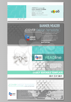 Social media and email headers set, modern banners. Business templates. Easy editable abstract design template, vector layouts in popular sizes. Chemistry pattern, hexagonal molecule structure on blue
