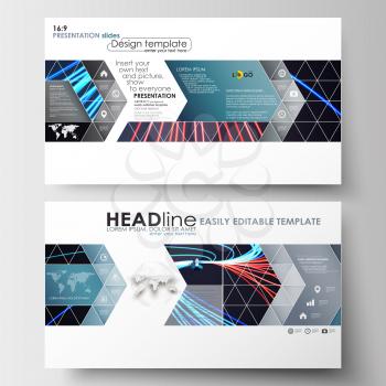 Business templates in HD size for presentation slides. Easy editable abstract layouts in flat design. Abstract lines background with color glowing neon streams, motion design vector.