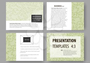 Set of business templates for presentation slides. Easy editable abstract layouts in flat design, vector illustration. Green color background with leaves. Spa concept in linear style. Vector decoratio