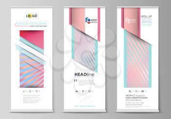 Set of roll up banner stands, flat design templates, abstract geometric style, modern business concept, corporate vertical vector flyers, flag layouts. Sweet pink and blue decoration, pretty romantic 