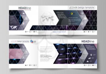 Set of business templates for tri fold square design brochures. Leaflet cover, abstract flat layout, easy editable vector. Abstract colorful neon dots, dotted technology background. Glowing particles,
