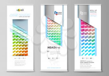 Set of roll up banner stands, flat design templates, abstract geometric style, modern business concept, corporate vertical vector flyers, flag layouts. Colorful rectangles, moving dynamic shapes formi