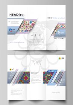 Tri-fold brochure business templates on both sides. Easy editable abstract vector layout in flat design. Bright color background in minimalist style made from colorful circles