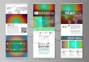 Set of roll up banner stands, flat design templates, abstract geometric style, modern business concept, corporate vertical vector flyers, flag layouts. Minimalistic design with circles, diagonal lines