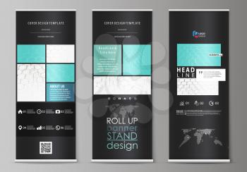 Set of roll up banner stands, flat design templates, abstract geometric style, modern business concept, corporate vertical vector flyers, flag layouts. Chemistry pattern, hexagonal molecule structure 
