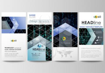 Flyers set, modern banners. Business templates. Cover design template, easy editable, abstract flat layouts. Virtual reality, color code streams glowing on screen, abstract technology background with 