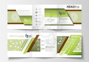 Set of business templates for tri fold brochures. Square design. Leaflet cover, abstract flat layout, easy editable vector. Green color background with leaves. Spa concept in linear style. Vector deco