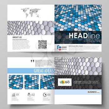 Business templates for square design bi fold brochure, magazine, flyer, booklet or annual report. Leaflet cover, abstract flat layout, easy editable vector. Blue and gray color hexagons in perspective