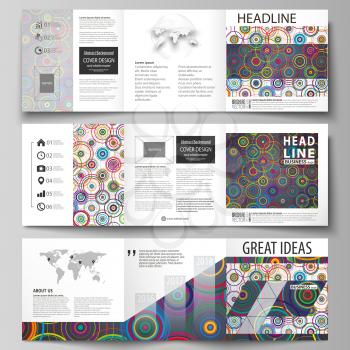Set of business templates for tri fold square design brochures. Leaflet cover, abstract flat layout, easy editable vector. Bright color background in minimalist style made from colorful circles