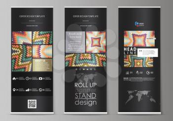 Set of roll up banner stands, flat design templates, abstract geometric style, modern business concept, corporate vertical vector flyers, flag layouts. Tribal pattern, geometrical ornament in ethno sy
