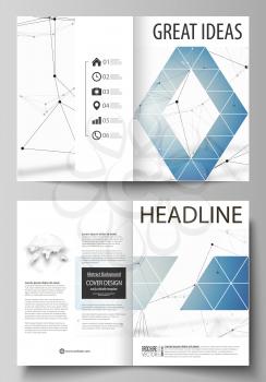 Business templates for bi fold brochure, magazine, flyer, booklet or annual report. Cover design template, easy editable vector, abstract flat layout in A4 size. Geometric blue color background, molec