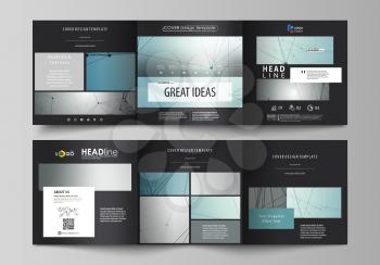 Set of business templates for tri fold square design brochures. Leaflet cover, abstract flat layout, easy editable vector. Geometric background, connected line and dots. Molecular structure. Scientifi