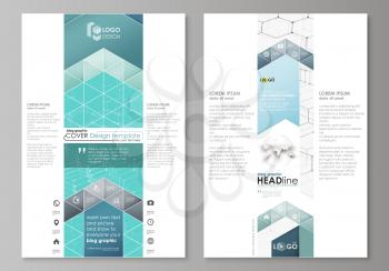 Blog graphic business templates. Page website design template, easy editable abstract vector layout. Chemistry pattern, hexagonal molecule structure on blue. Medicine, science and technology concept
