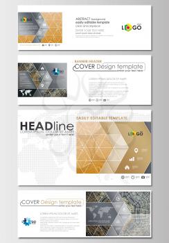 Social media and email headers set, modern banners. Business templates. Cover design template, easy editable, abstract flat layout in popular sizes. Golden technology background, connection structure 