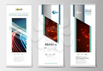 Set of roll up banner stands, flat design templates, abstract geometric style, modern business concept, corporate vertical vector flyers, flag banner layouts. Abstract lines background with color glow