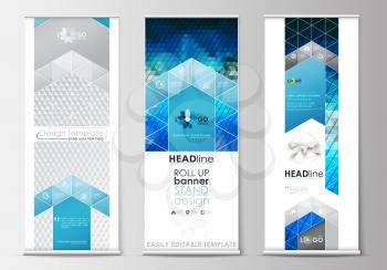 Set of roll up banner stands, flat design templates, abstract geometric style, modern business concept, corporate vertical vector flyers, flag banner layouts. Abstract triangles, blue and gray triangu