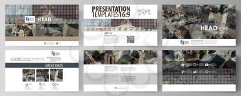 Business templates in HD format for presentation slides. Easy editable abstract vector layouts in flat design. Colorful background made of dotted texture for travel business, urban cityscape