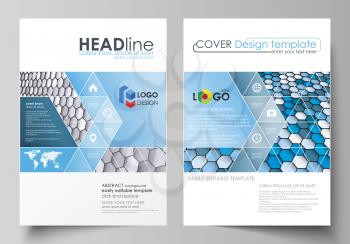Business templates for brochure, magazine, flyer, booklet or annual report. Cover design template, easy editable vector, abstract flat layout in A4 size. Blue and gray color hexagons in perspective. A