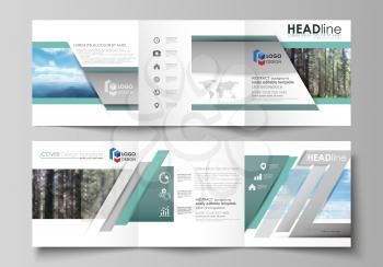 Set of business templates for tri fold square design brochures. Leaflet cover, abstract flat layout, easy editable vector. Colorful background made of triangular or hexagonal texture for travel busine