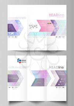 Tri-fold brochure business templates on both sides. Easy editable abstract vector layout in flat design. Hologram, background in pastel colors with holographic effect. Blurred colorful pattern, futuri
