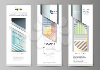 Set of roll up banner stands, flat design templates, abstract geometric style, modern business concept, corporate vertical vector flyers, flag layouts. Minimalistic design with lines, geometric shapes