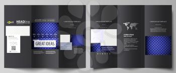 Tri-fold brochure business templates on both sides. Easy editable abstract vector layout in flat design. Shiny fabric, rippled texture, white and blue color silk, colorful vintage style background
