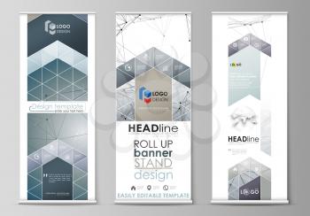 Set of roll up banner stands, flat design templates, abstract geometric style, modern business concept, corporate vertical vector flyers, flag layouts. DNA and neurons molecule structure. Medicine, sc