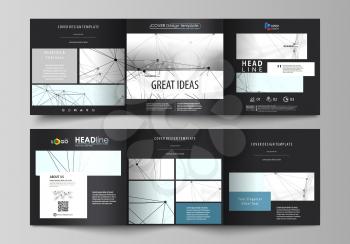 Set of business templates for tri fold square design brochures. Leaflet cover, abstract flat layout, easy editable vector. Chemistry pattern, connecting lines and dots, molecule structure on white, ge